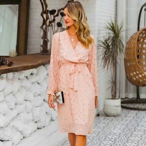 Gold Print Flounce Sleeve Belted Wrap Dress